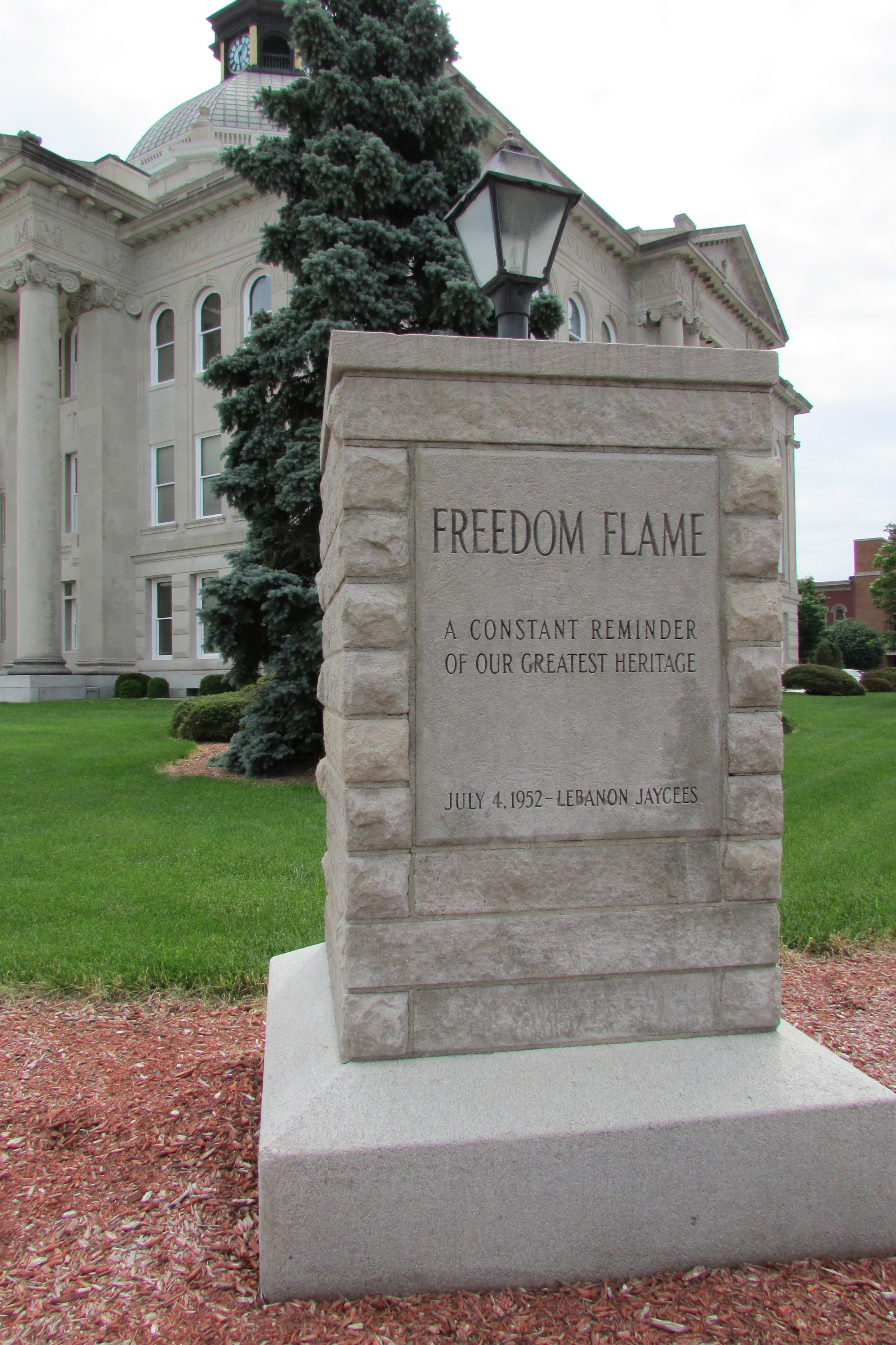 Jaycees Freedom Flame sculpture at the Boone County Courthouse, Lebanon, Indiana